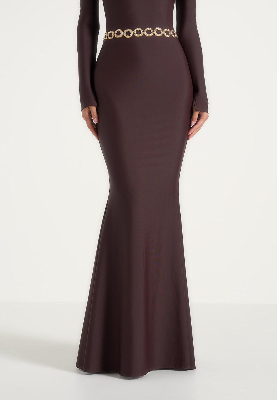 Angelica - High Neck Long Sleeve Maxi Dress With Chain Belt - Brown