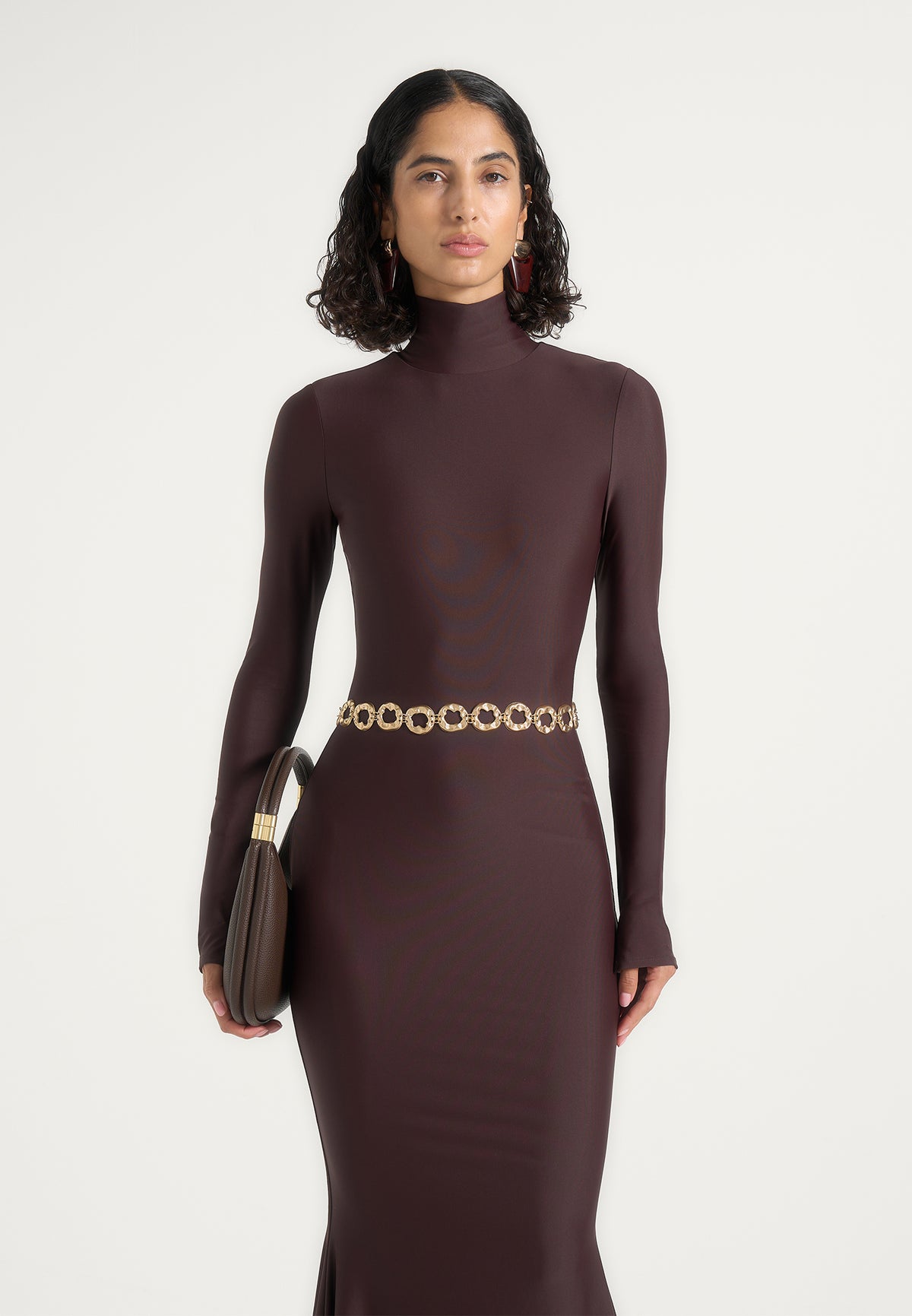 Angelica - High Neck Long Sleeve Maxi Dress With Chain Belt - Brown