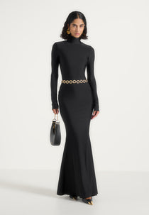 Angelica - High Neck Long Sleeve Maxi Dress With Chain Belt - Black