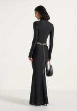 Angelica - High Neck Long Sleeve Maxi Dress With Chain Belt - Black