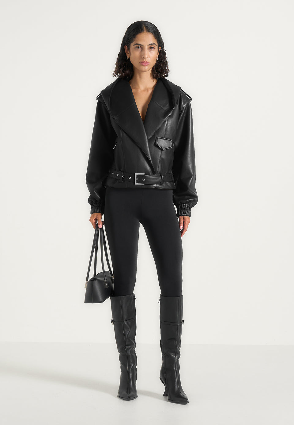 Tamsin - Hooded Cropped Leather Jacket With Belt - Black
