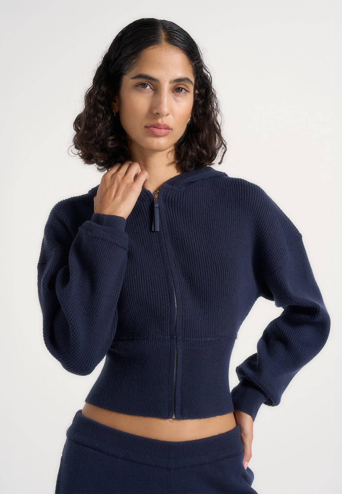 Lexie - Cropped Knit Zip Hoodie - Navy