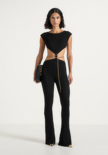 Zelda - Backless Rib Knit Jumpsuit With Hardware Chain Belt - Black