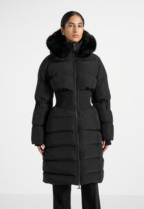 Mira - Fur Hood Corset Longline Puffer Coat - Black