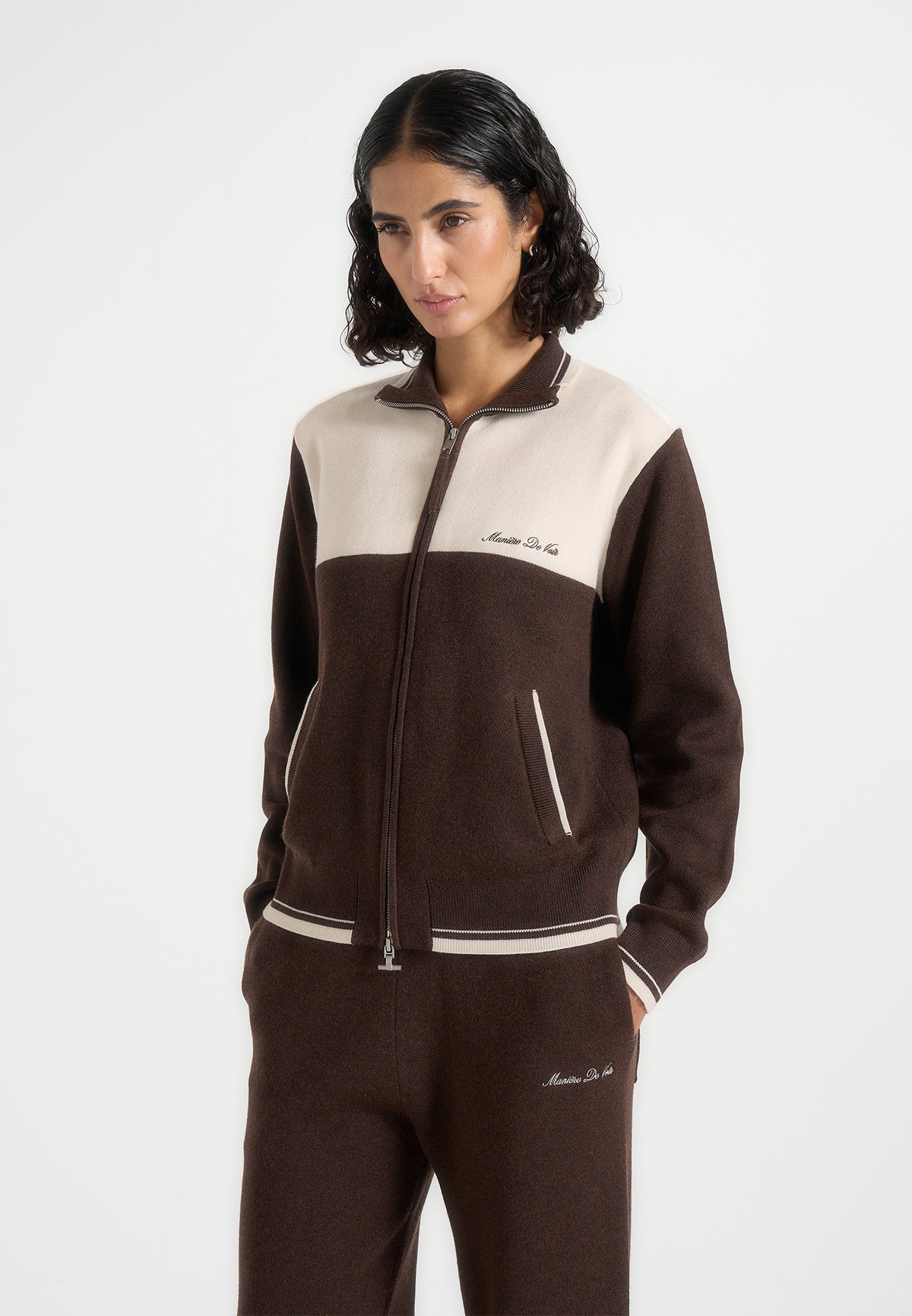 Mathieu - Colour Block Signature Knit Jacket - Brown / Cream