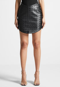 Woven Leather Dipped Waist Mini Skirt - Black