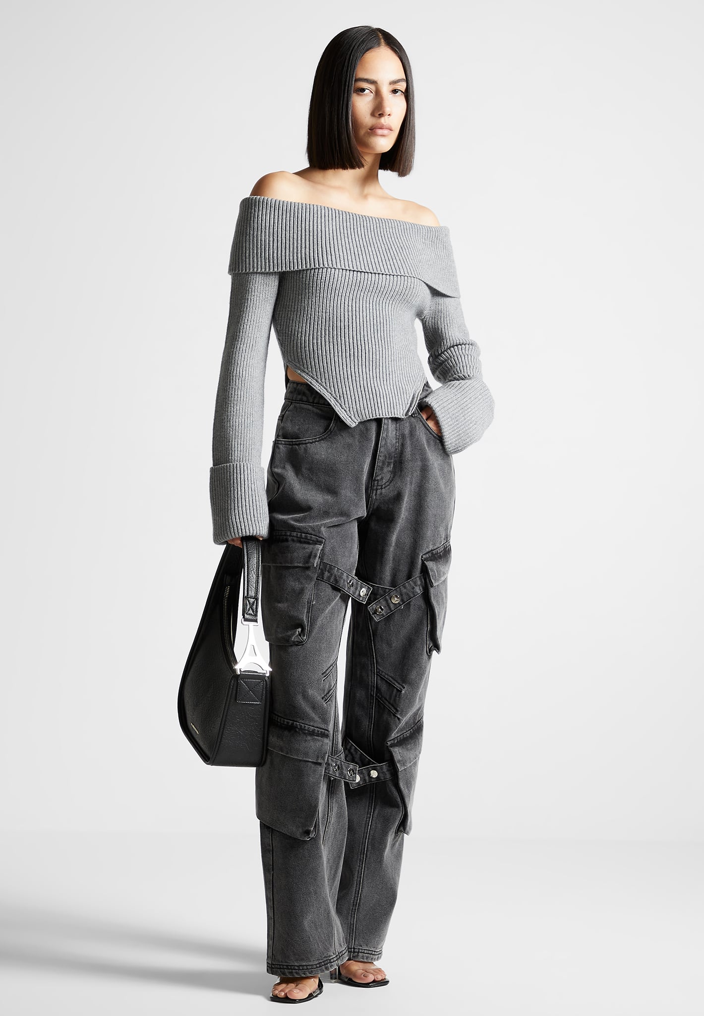 Zip Detail Knit Bandeau Top - Grey