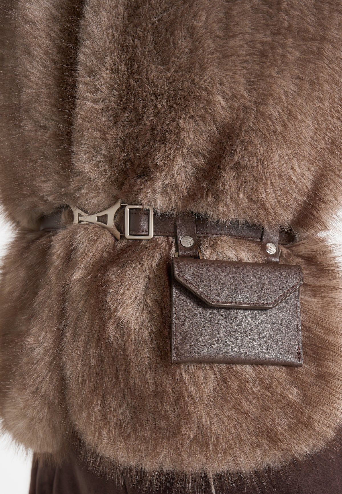 Lira - Belted Fur Wrap Jacket With Pouch - Taupe