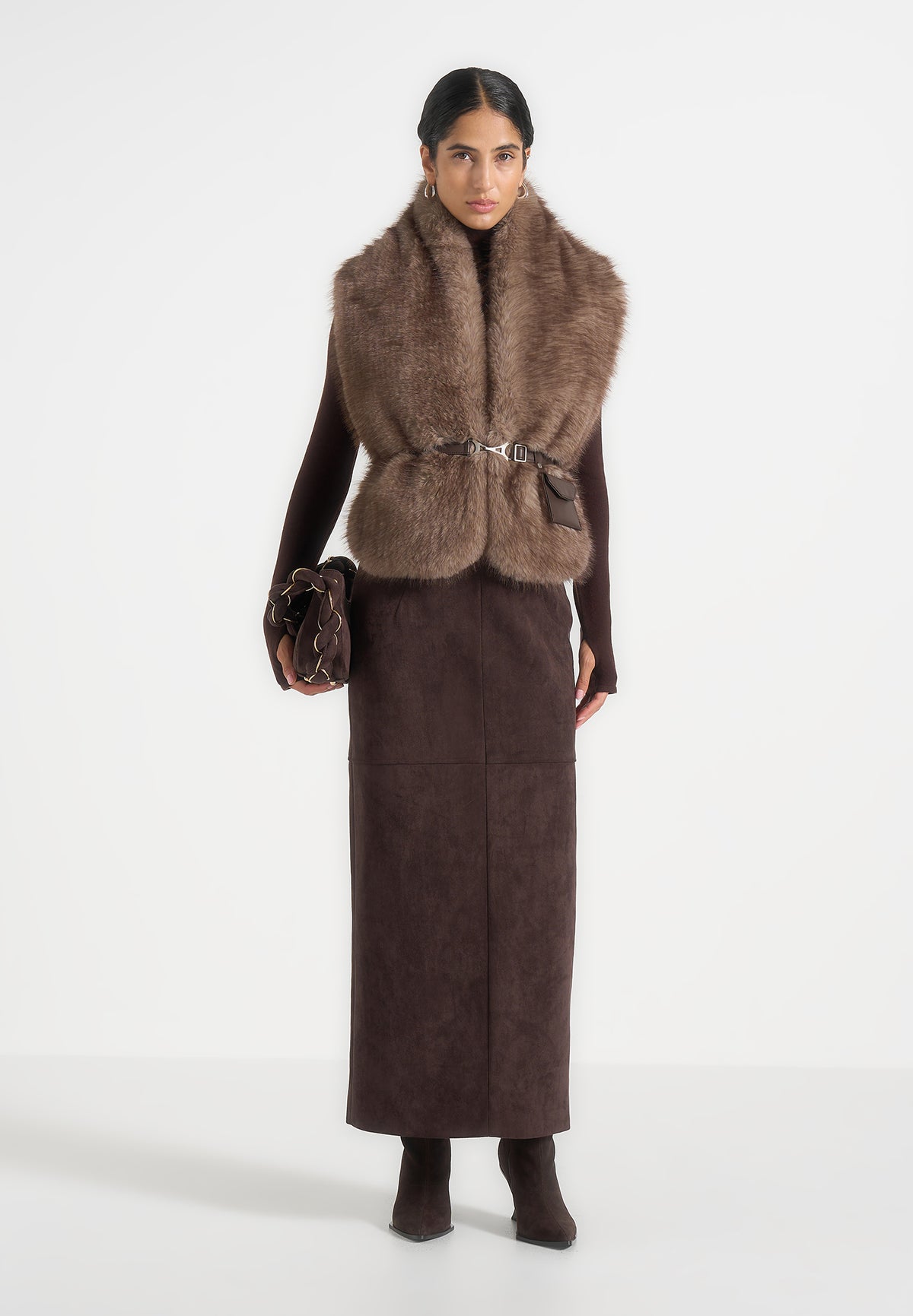 Lira - Belted Fur Wrap Jacket With Pouch - Taupe