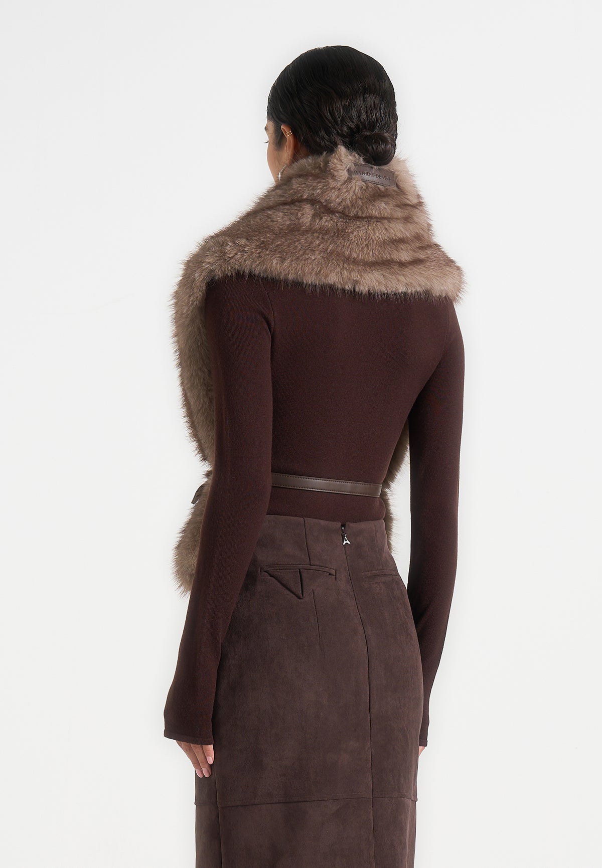 Lira - Belted Fur Wrap Jacket With Pouch - Taupe