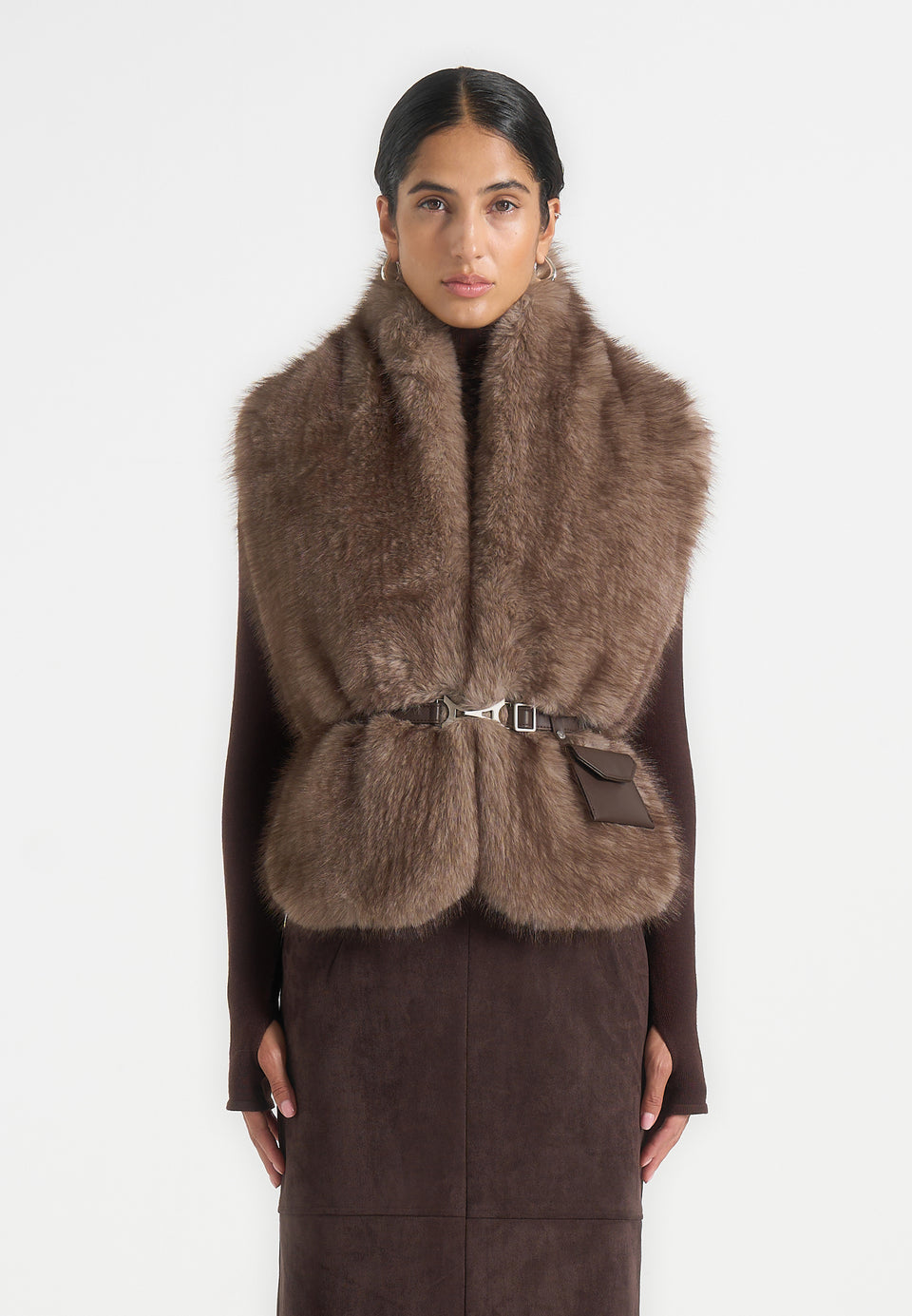 Lira - Belted Fur Wrap Jacket With Pouch - Taupe