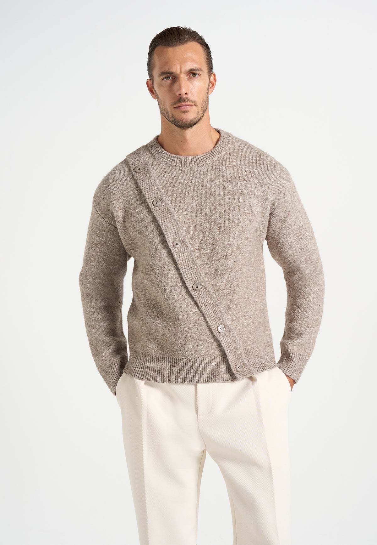 Theo - Asymmetric Brushed Wool-Blend Knit Jumper - Taupe