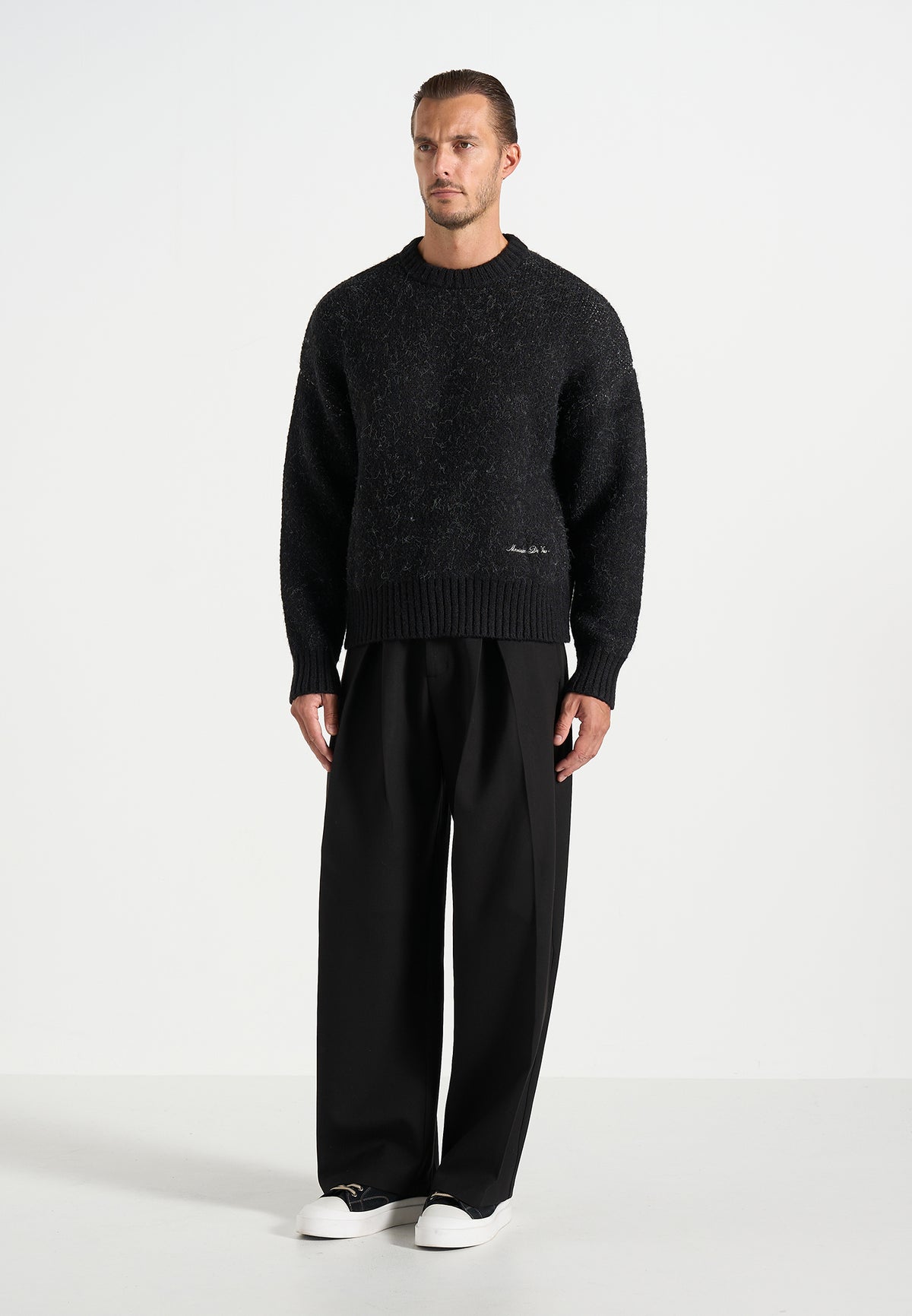 Kamil - Art Slogan Speckled Brushed Wool Knit Jumper - Black