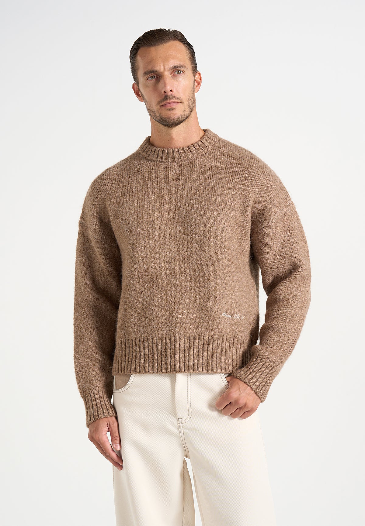 Kamil - Art Slogan Speckled Brushed Wool Knit Jumper - Beige