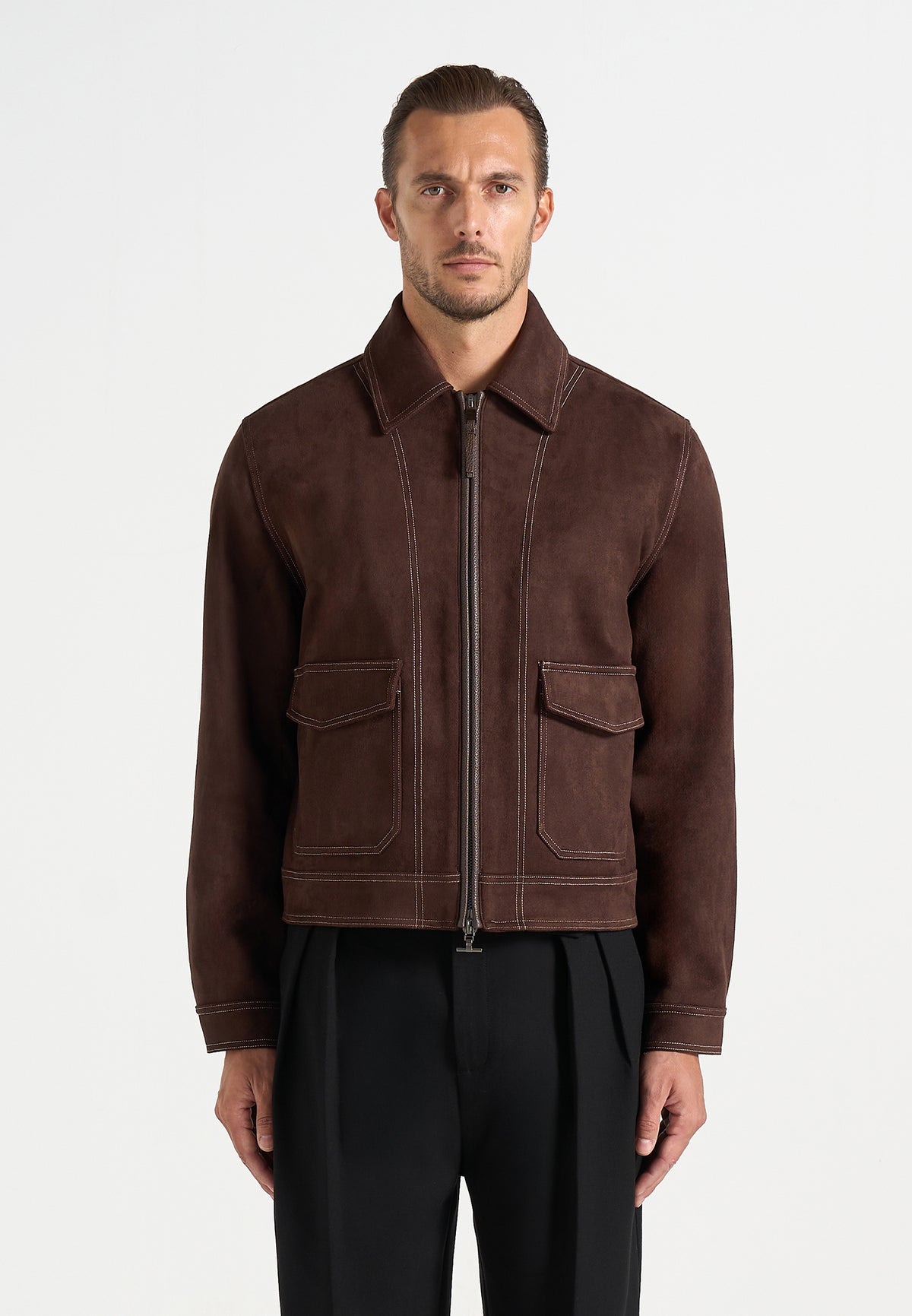 Vince - Suede Contrast Stitch Jacket - Brown