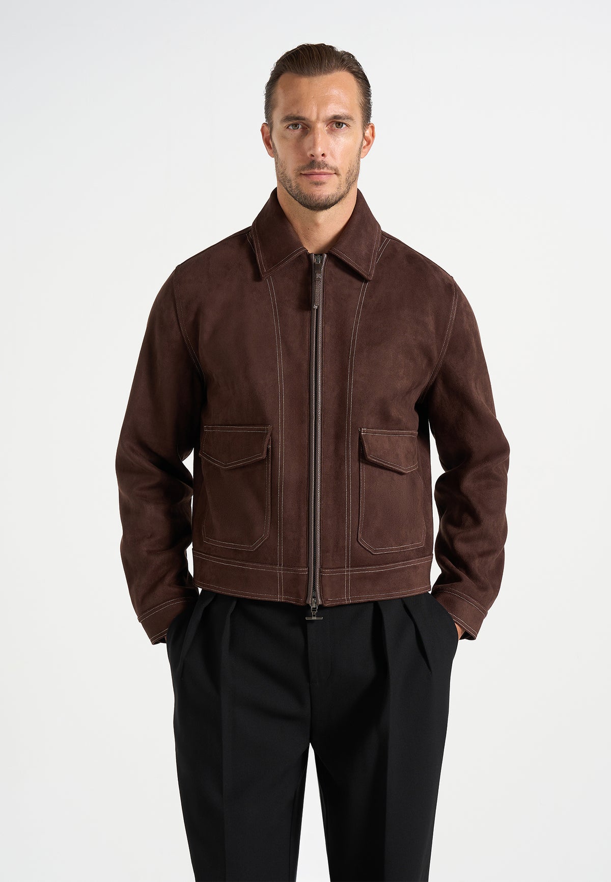 Vince - Suede Contrast Stitch Jacket - Brown