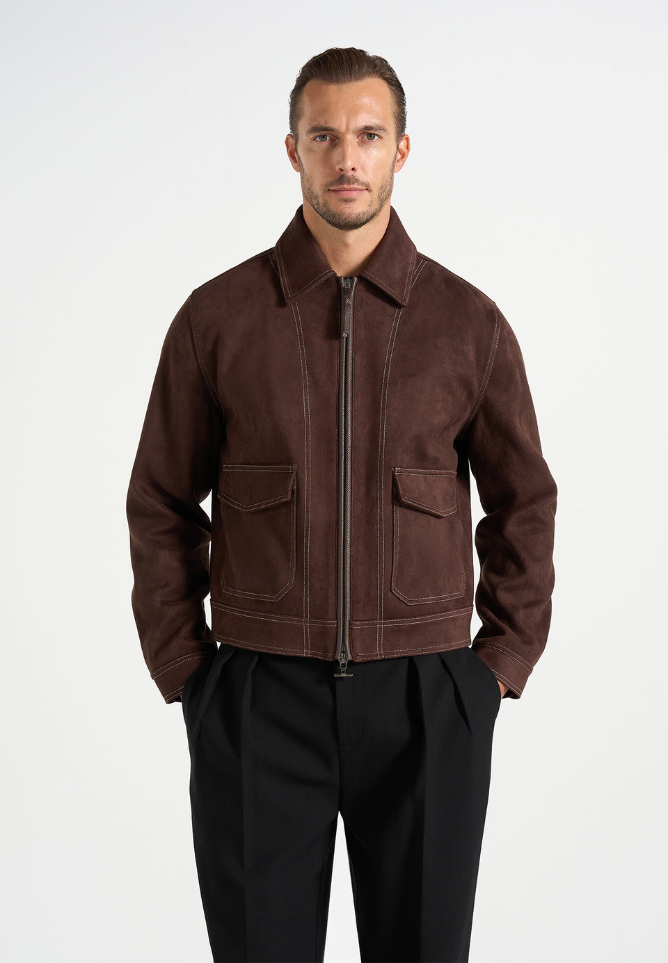 Vince - Suede Contrast Stitch Jacket - Brown