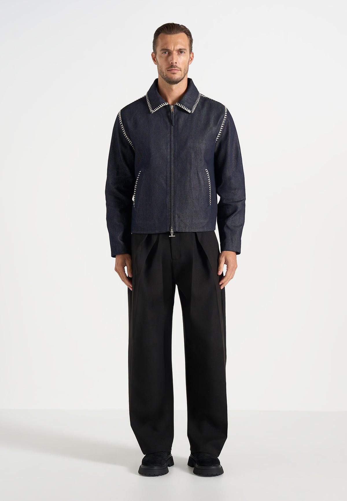Alex - Whipstitch Boxy Denim Jacket - Indigo