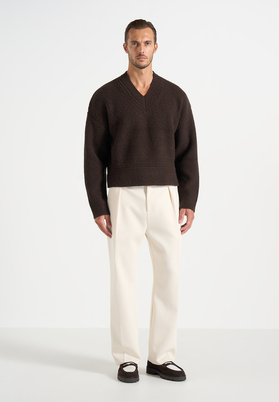 Remi - Signature Ribbed Wool-Blend V-Neck Jumper - Dark Brown