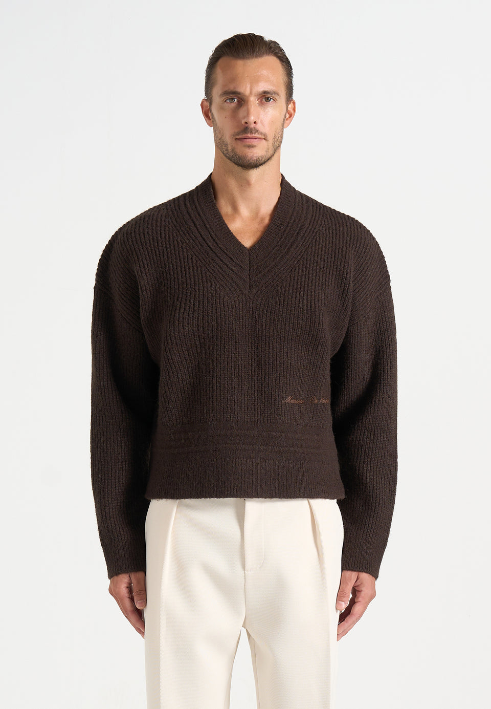 Remi - Signature Ribbed Wool-Blend V-Neck Jumper - Dark Brown