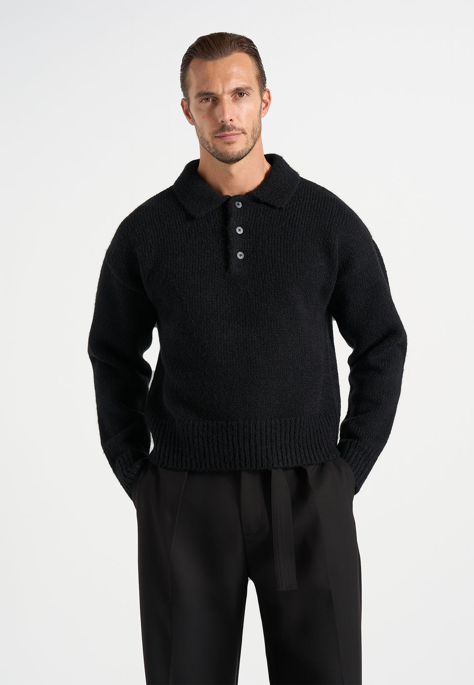 Finn - Brushed Wool-Blend Polo Knit Jumper - Black