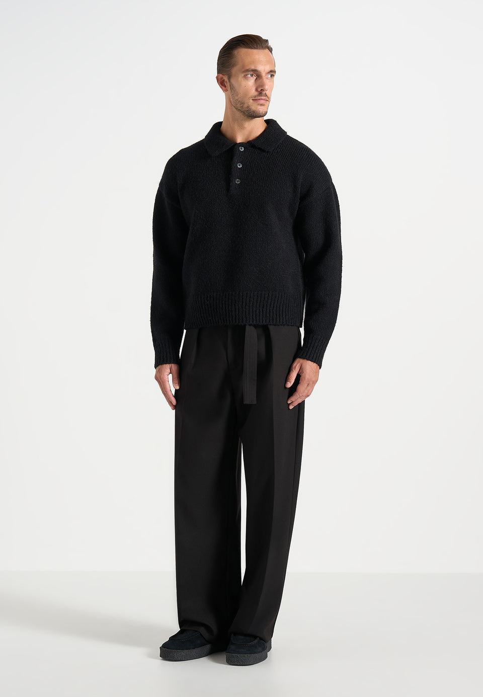 Finn - Brushed Wool-Blend Polo Knit Jumper - Black