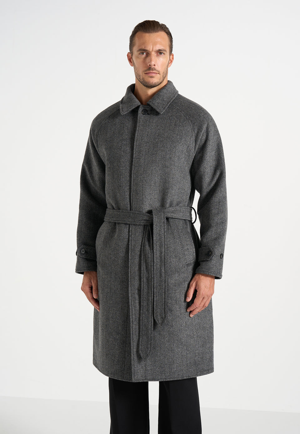 Alfie - Reversible Belted Wool Blend Car Coat - Grey / Black