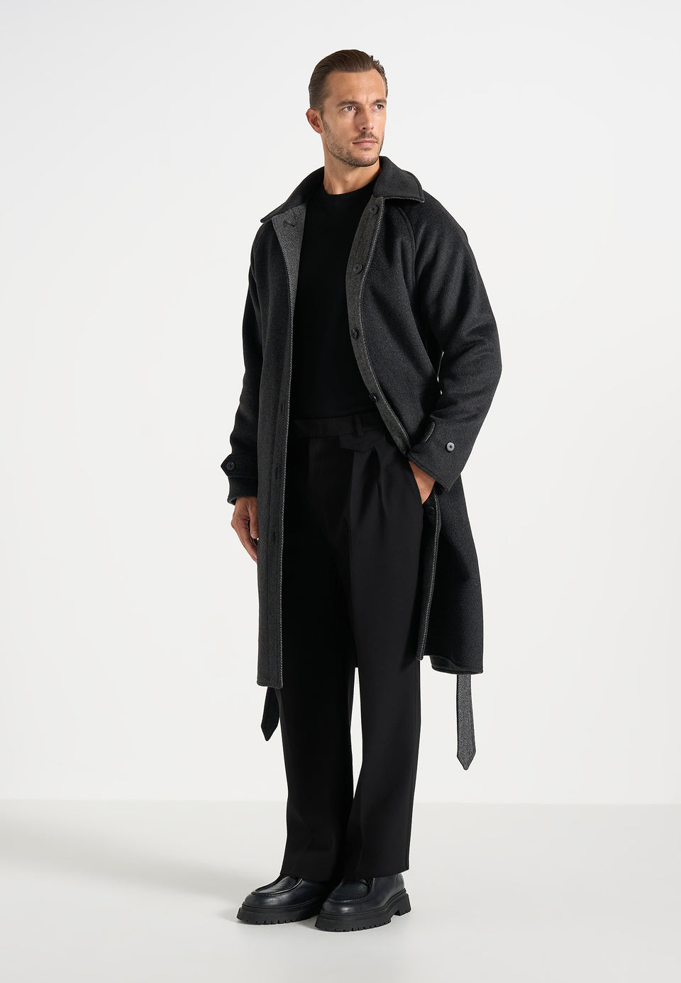 Alfie - Reversible Belted Wool Blend Car Coat - Grey / Black
