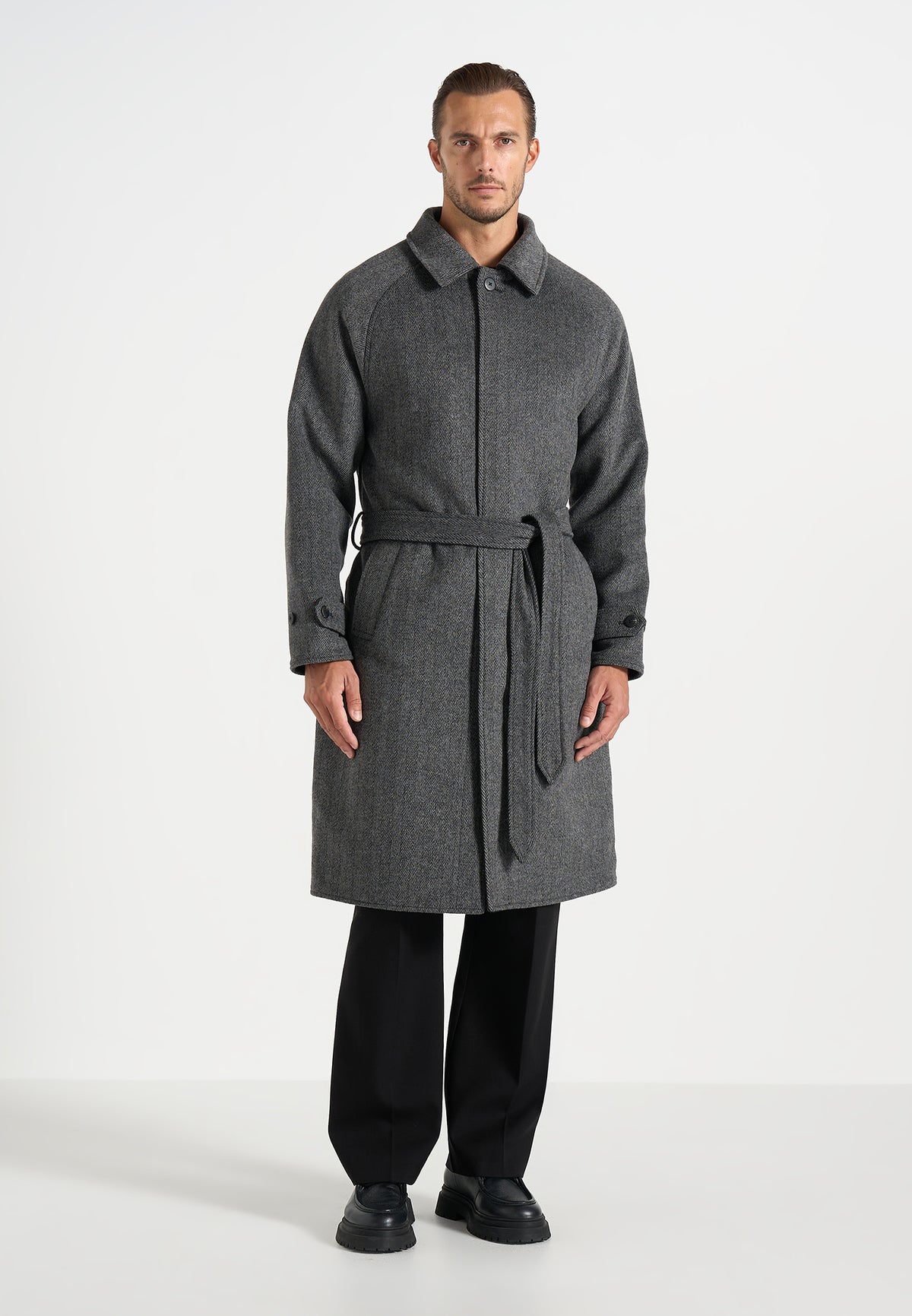 Alfie - Reversible Belted Wool Blend Car Coat - Grey / Black