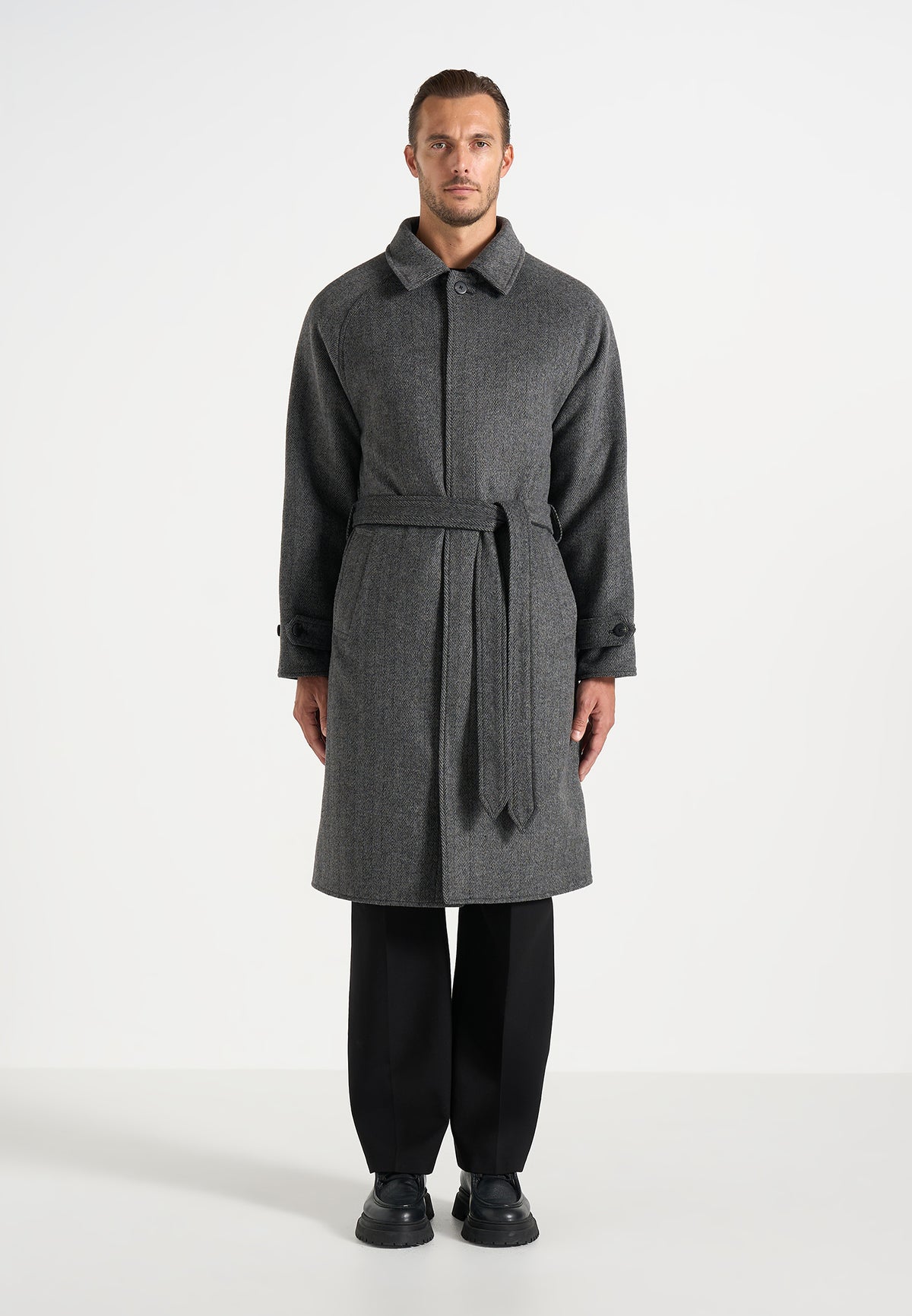 Alfie - Reversible Belted Wool Blend Car Coat - Grey / Black