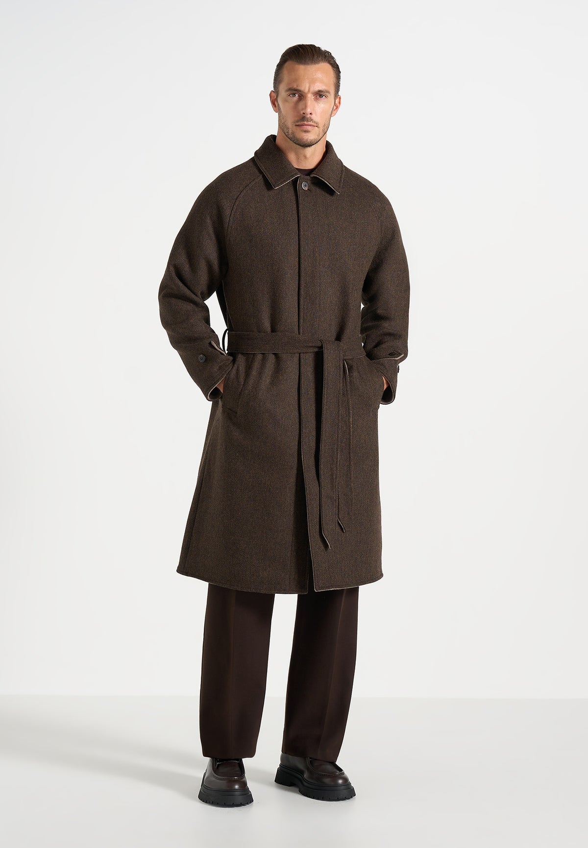 Alfie - Reversible Belted Wool Blend Car Coat - Brown / Taupe