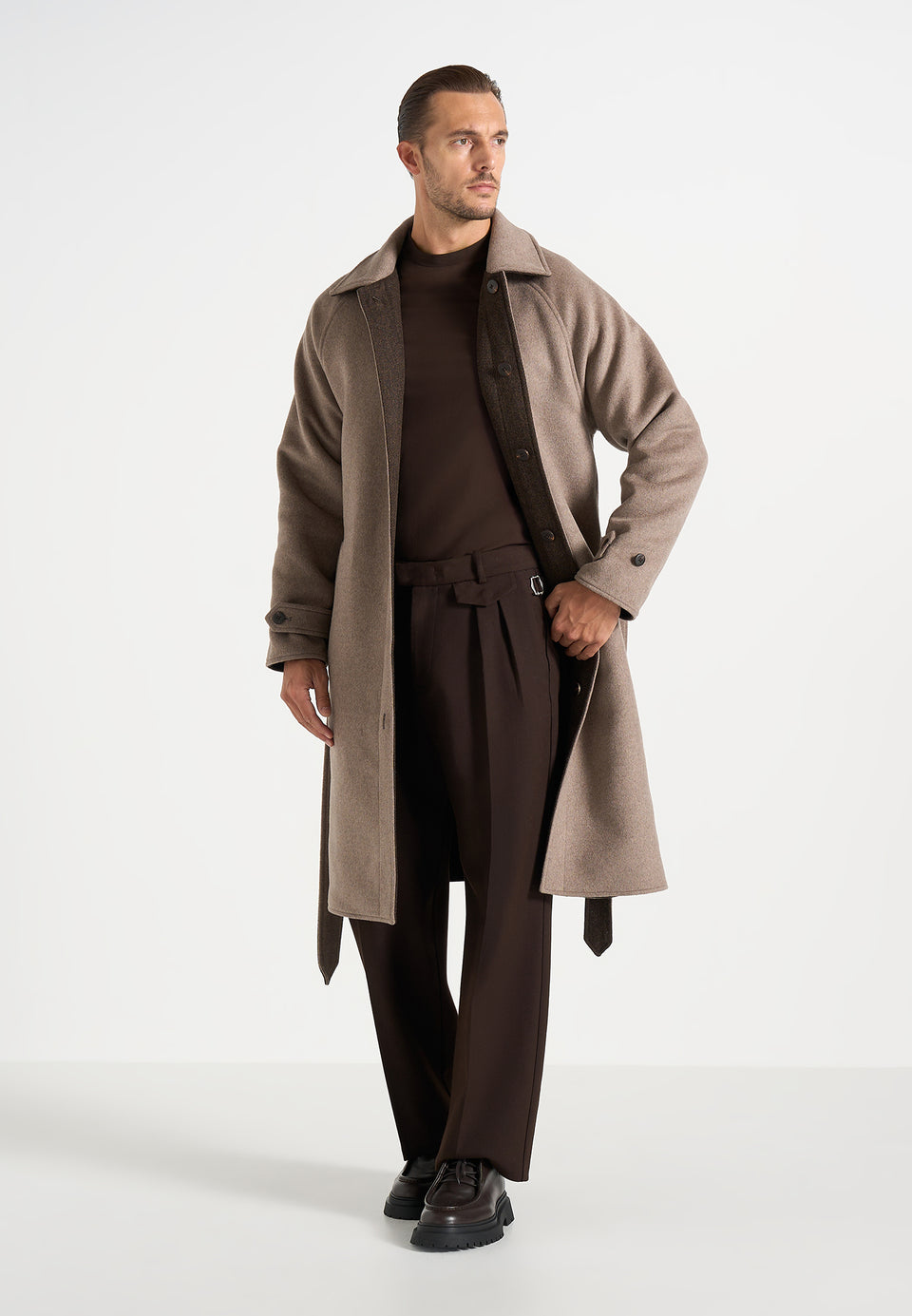 Alfie - Reversible Belted Wool Blend Car Coat - Brown / Taupe