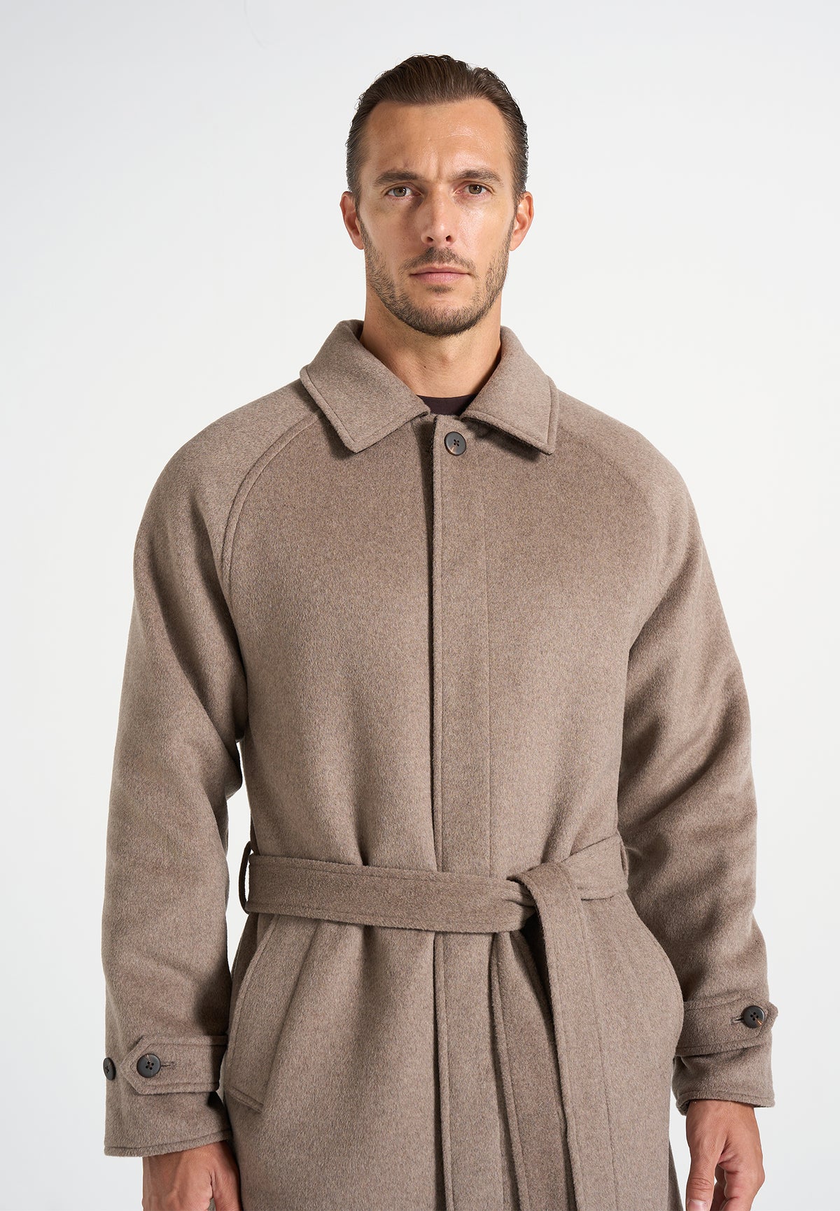 Alfie - Reversible Belted Wool Blend Car Coat - Brown / Taupe