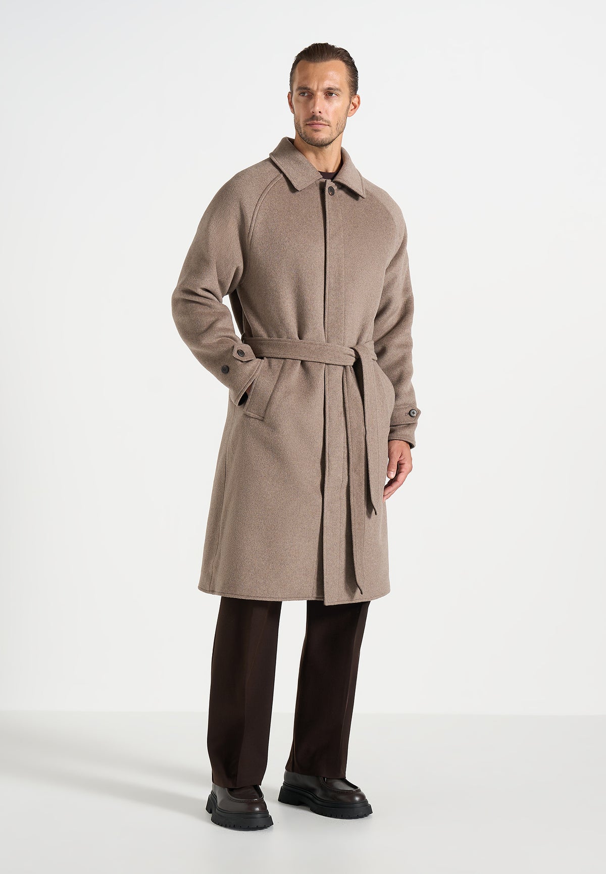 Alfie - Reversible Belted Wool Blend Car Coat - Brown / Taupe