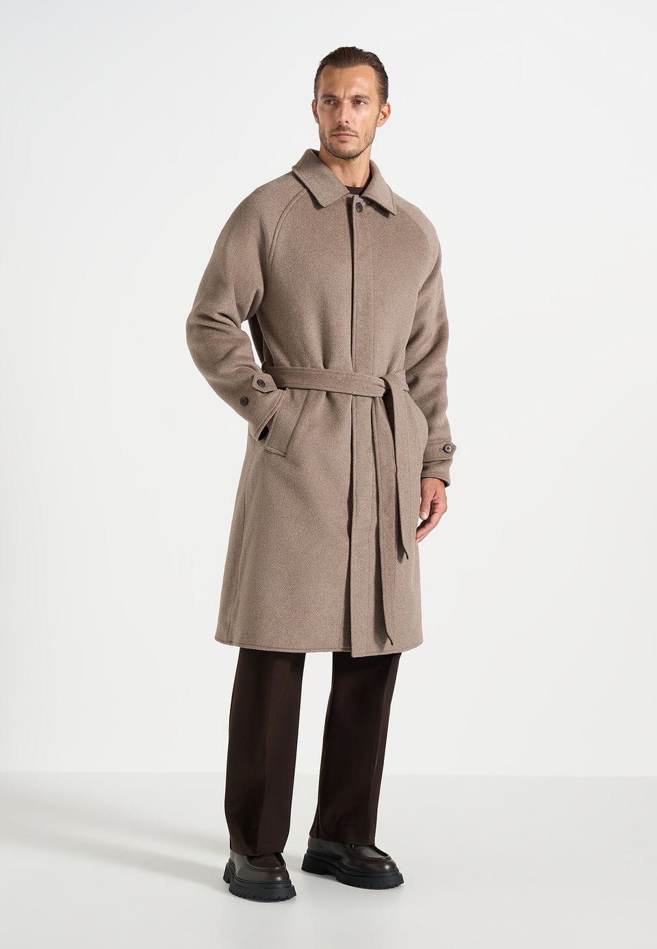 Alfie - Reversible Belted Wool Blend Car Coat - Brown / Taupe