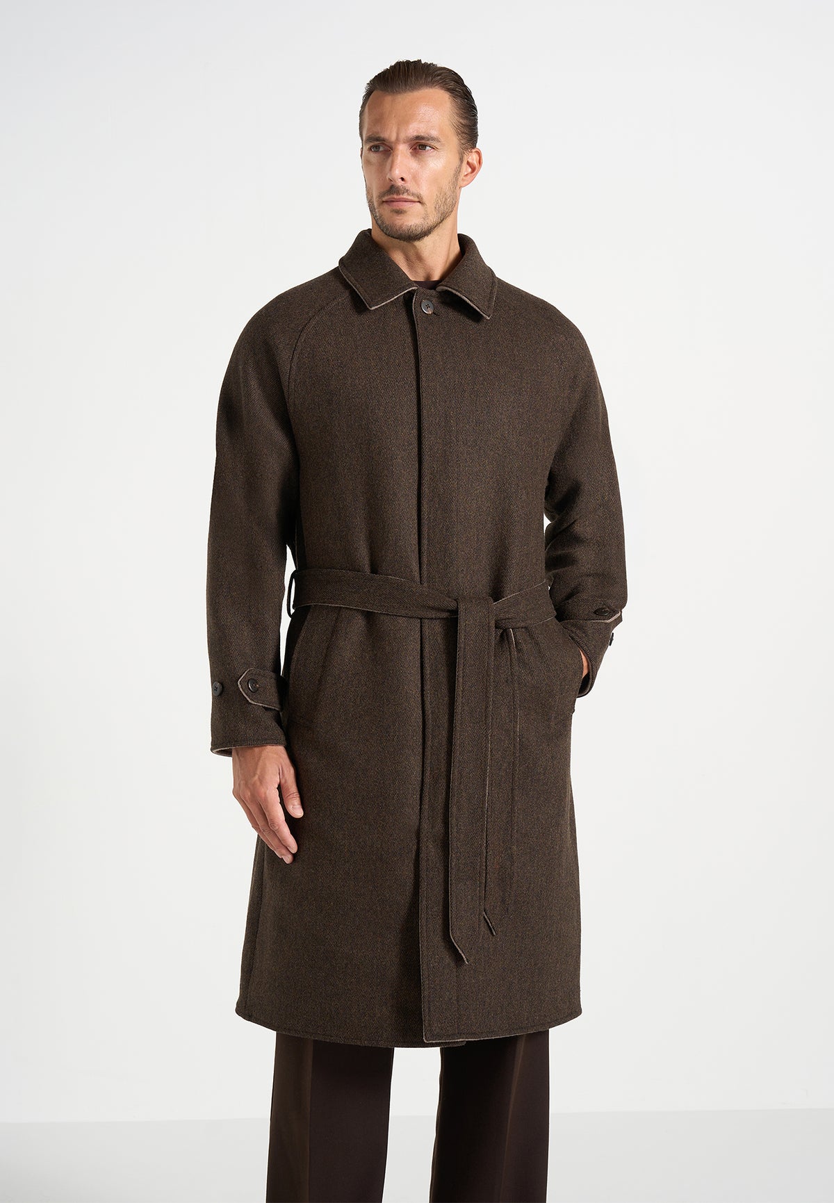 Alfie - Reversible Belted Wool Blend Car Coat - Brown / Taupe