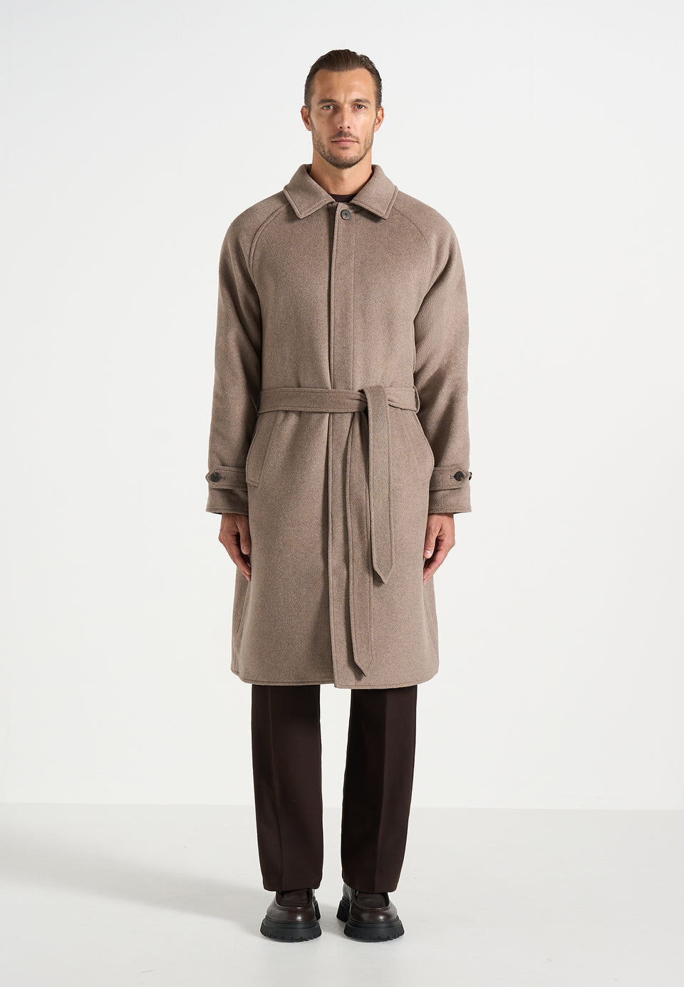 Alfie - Reversible Belted Wool Blend Car Coat - Brown / Taupe