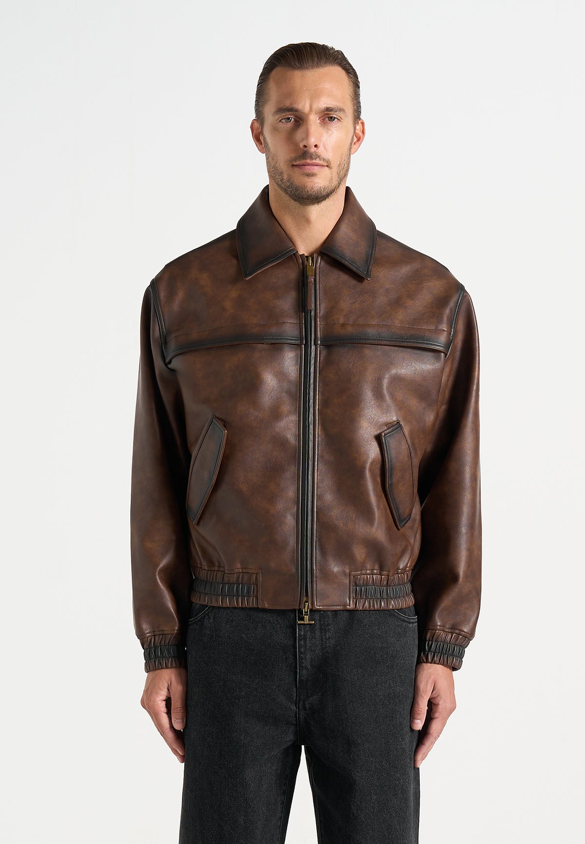 Clint - Vintage Leather Bomber Jacket - Brown