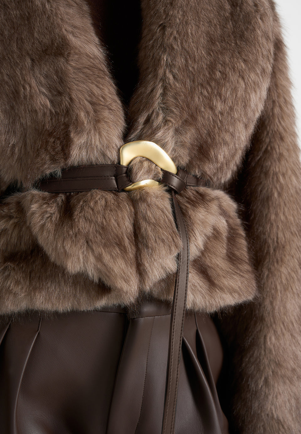 Nola - Fur Shawl Jacket with Leather Belt - Taupe