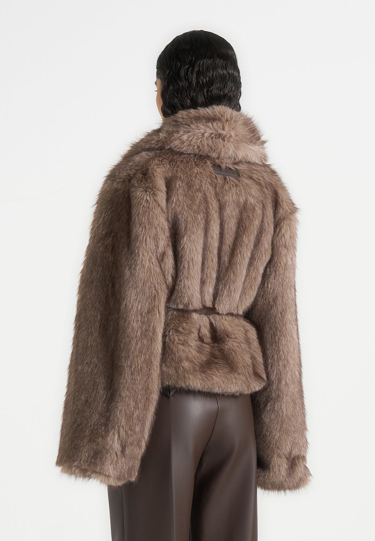 Nola - Fur Shawl Jacket with Leather Belt - Taupe