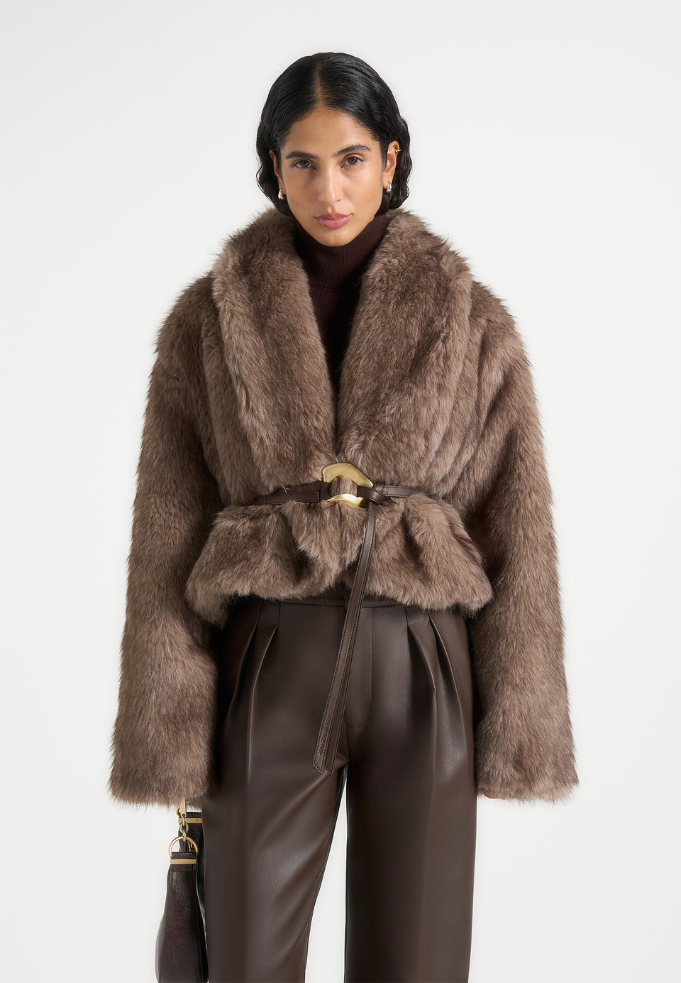 Nola - Fur Shawl Jacket with Leather Belt - Taupe