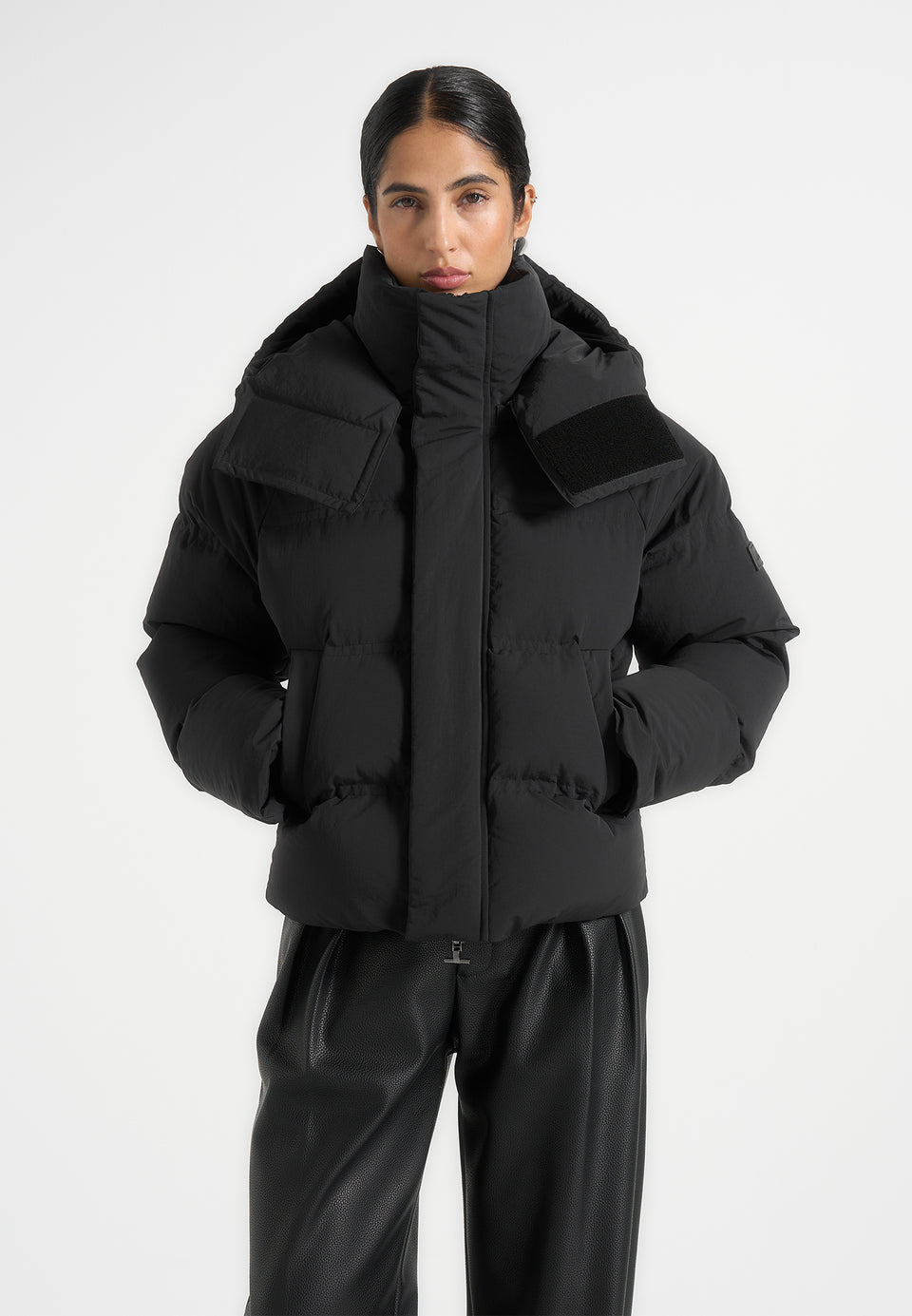 Bradley - Boxy Cropped Raglan Wrap Neck Puffer Jacket - Black