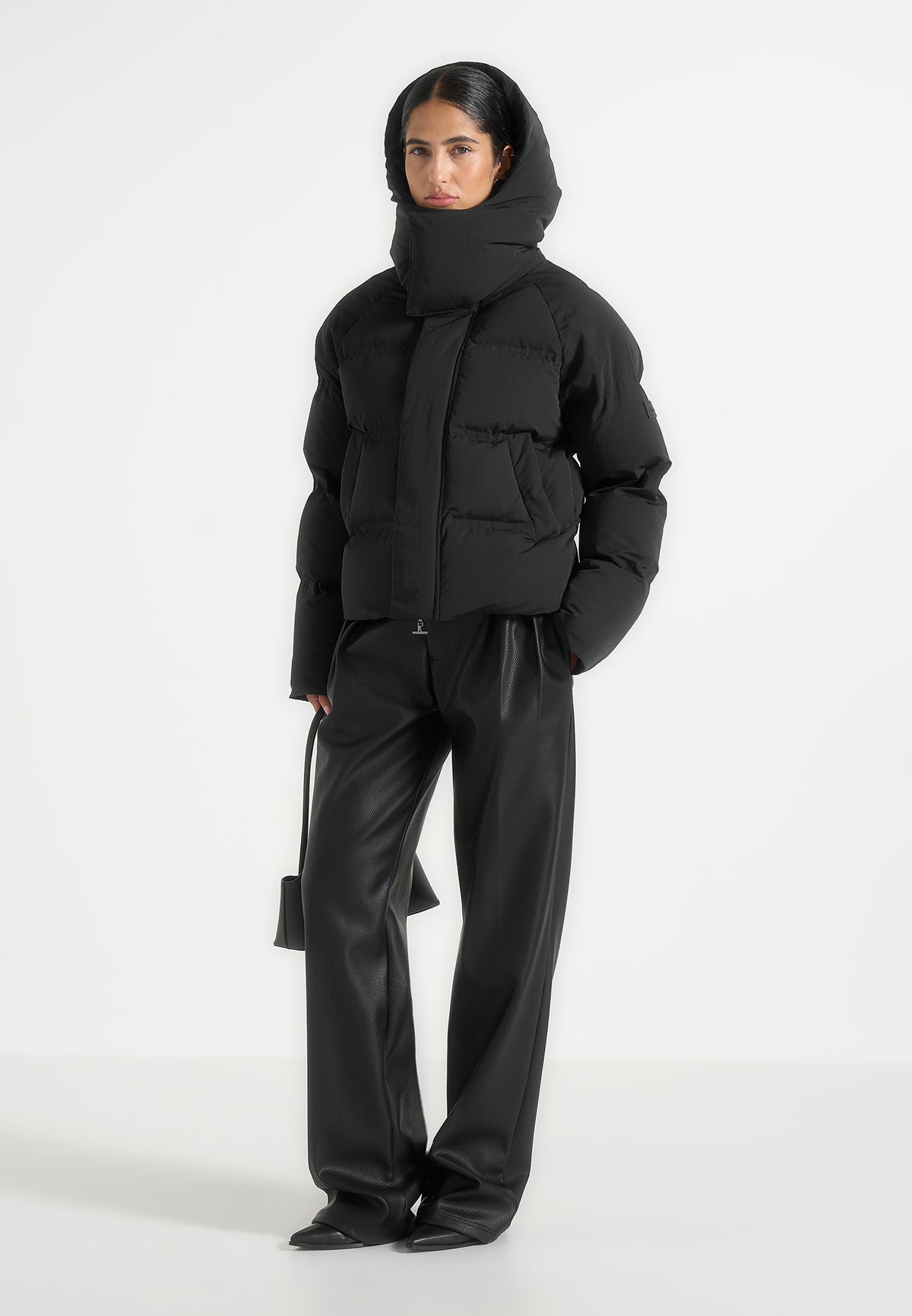Bradley - Boxy Cropped Raglan Wrap Neck Puffer Jacket - Black