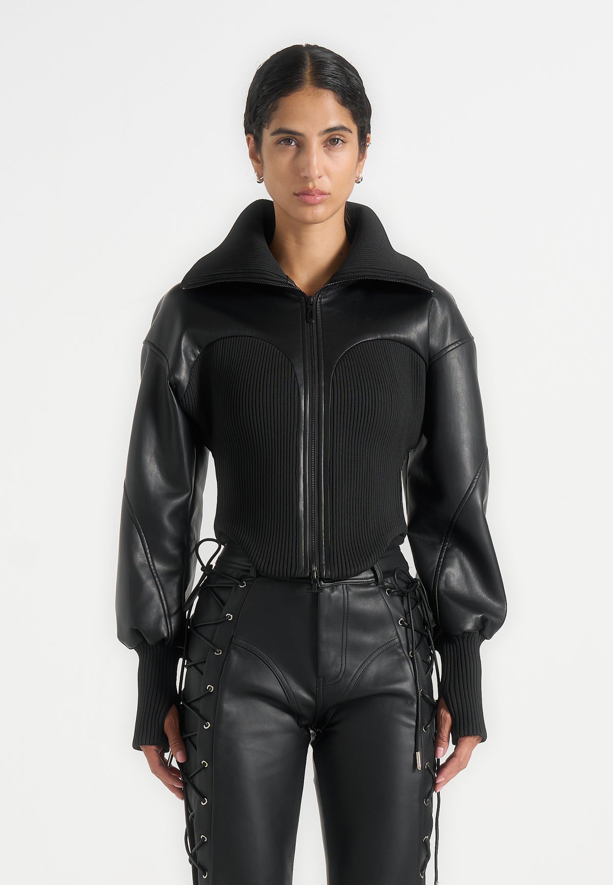 Amani - Leather Funnel Neck Contour Jacket - Black