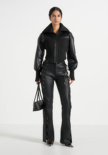 Amani - Leather Funnel Neck Contour Jacket - Black