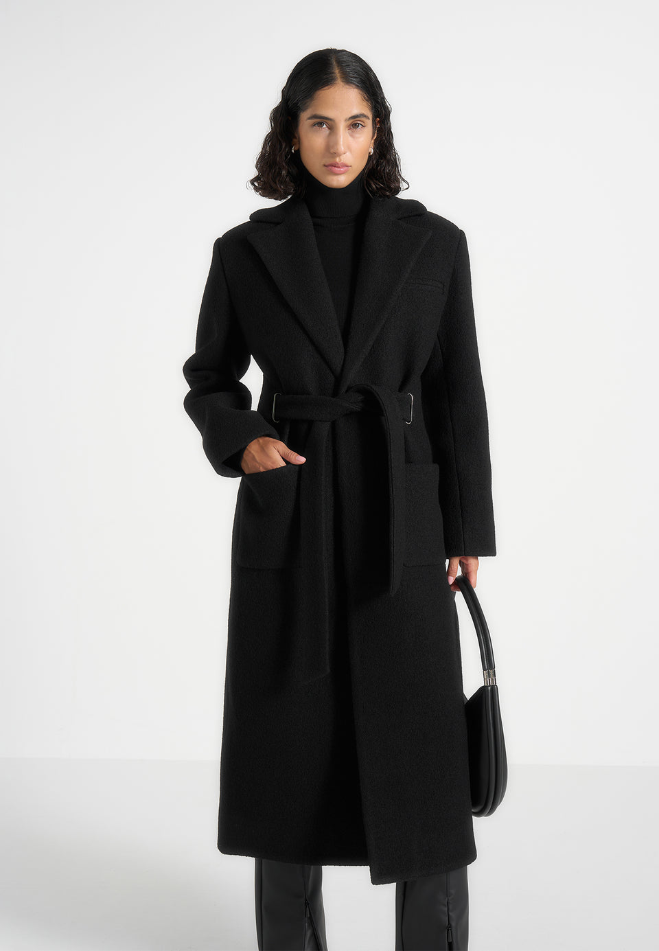 Jena - Wide Shoulder Wool Coat with Cinch Belt - Black