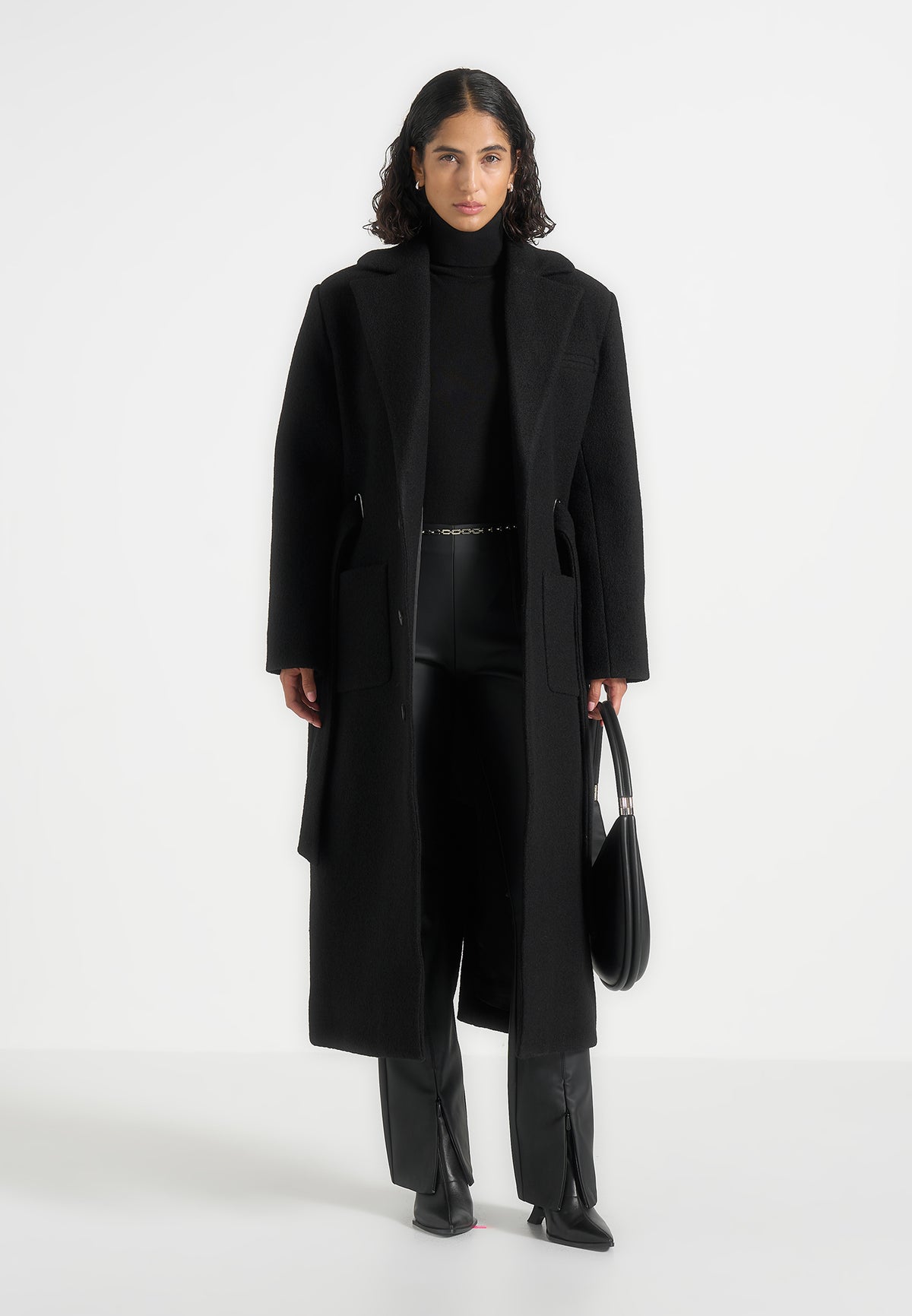 Jena - Wide Shoulder Wool Coat with Cinch Belt - Black