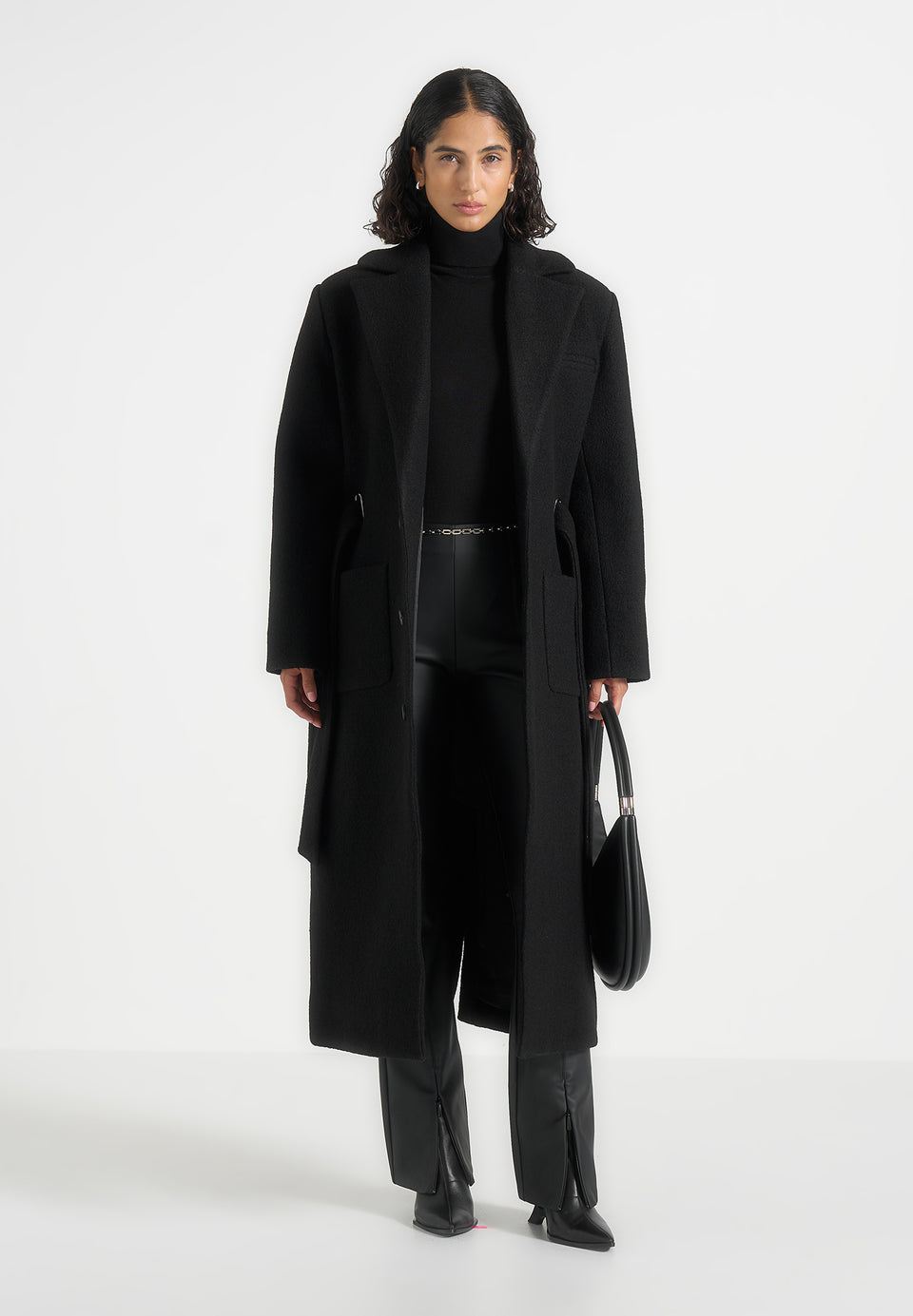 Jena - Wide Shoulder Wool Coat with Cinch Belt - Black