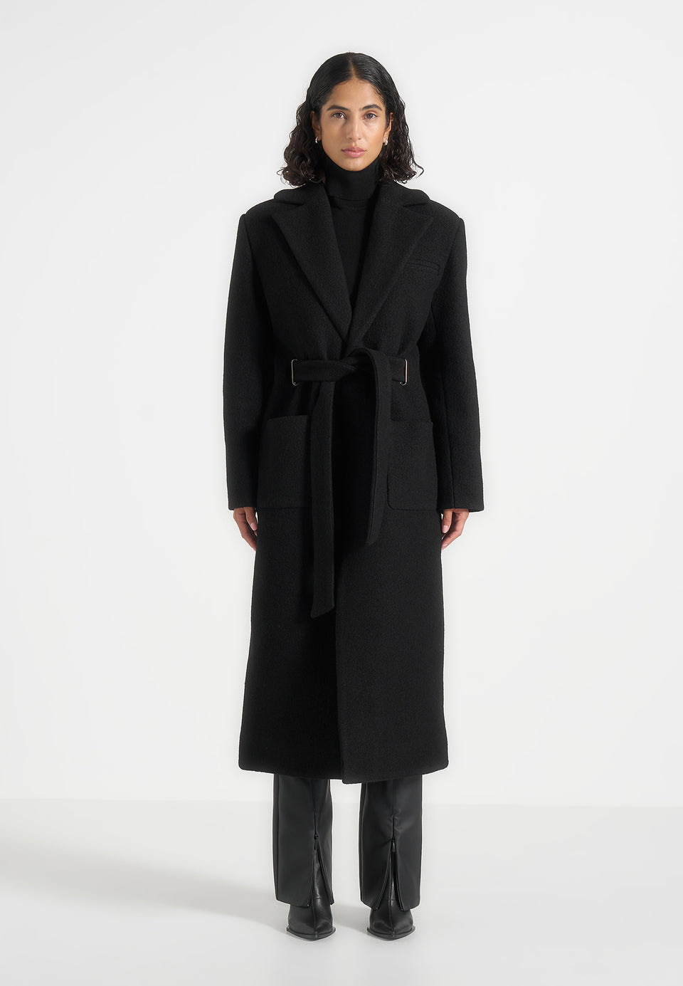 Jena - Wide Shoulder Wool Coat with Cinch Belt - Black