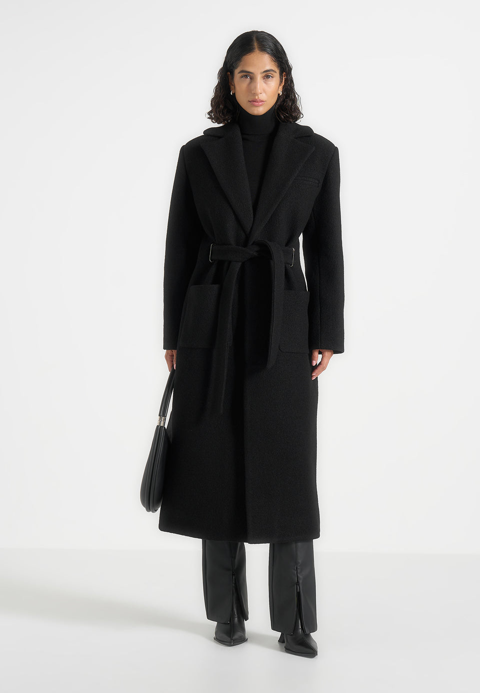 Jena - Wide Shoulder Wool Coat with Cinch Belt - Black